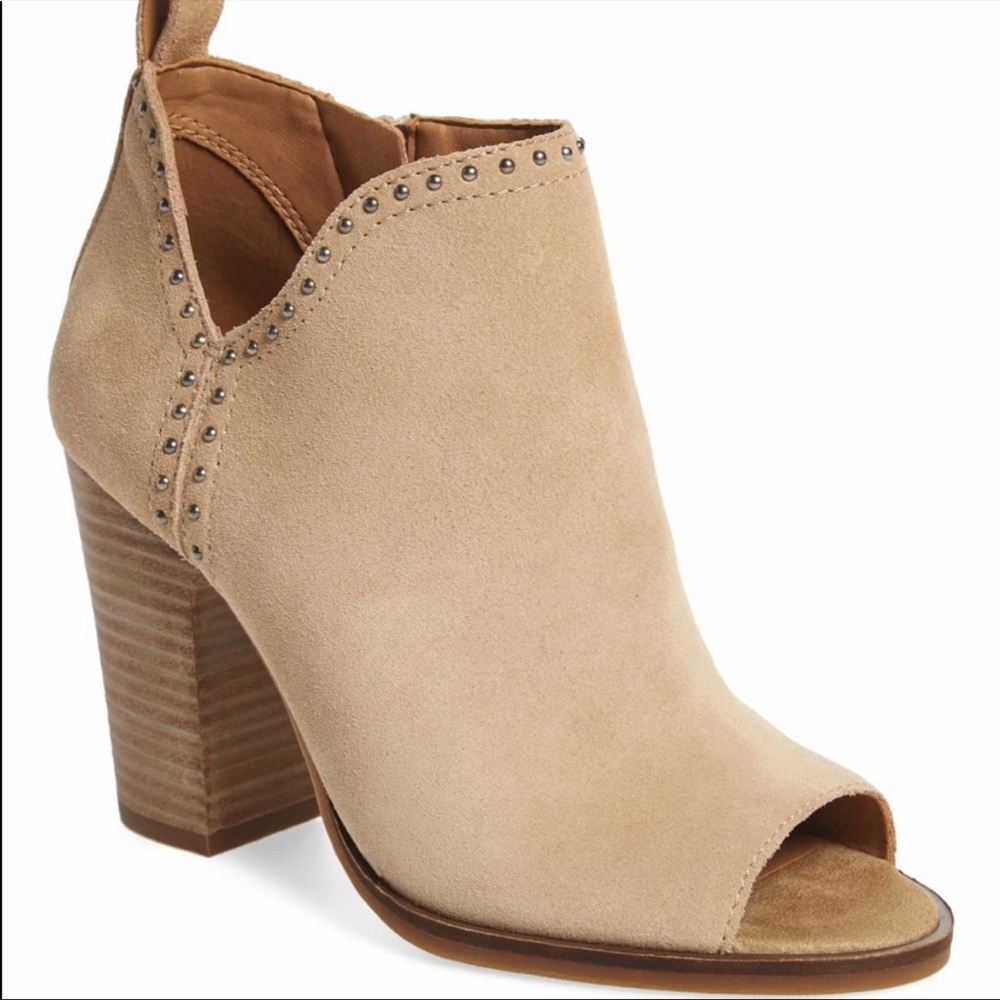Lucky Brand Bootie Lotisha Nude Tan Oiled Suede Studded Open Toe Heel Boot